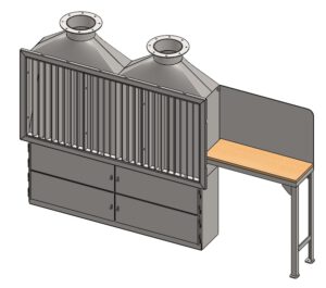 Absaughauben für Putzplätze mit Tisch und verschließbaren Fächern. - Extraction hoods for cleaning stations with table and lockable compartments.